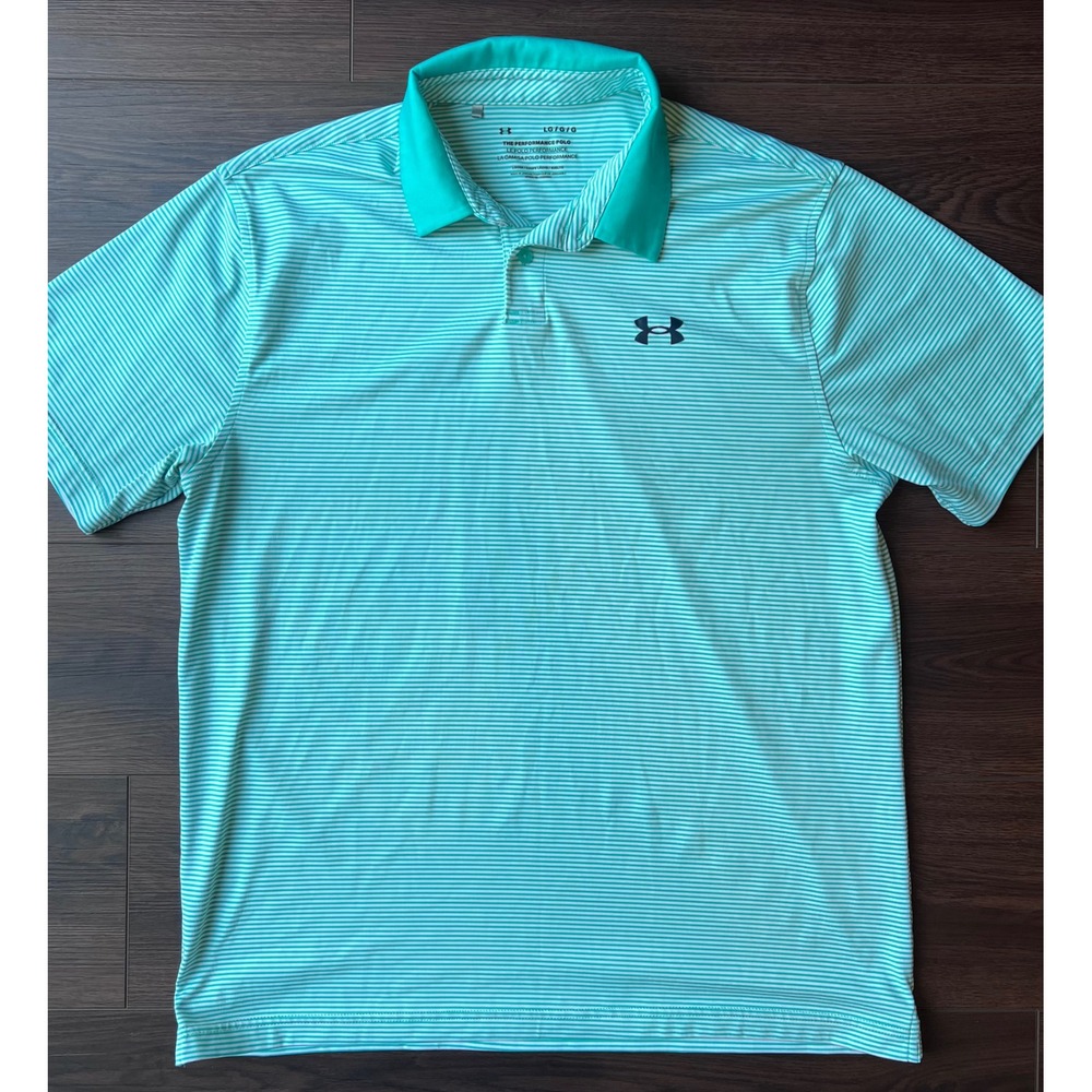 Under Armour Mens Performance Polo Shirt Large Teal White Striped Loose Fit Golf